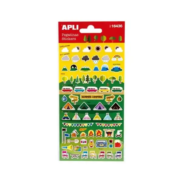 Apli Bolsa de Pegatinas de Camping – Acabado Mate – Adhesivo Permanente – Ideal para Scrapbooking y Decoracion – Fomenta Creatividad y Psicomotricidad Infantil