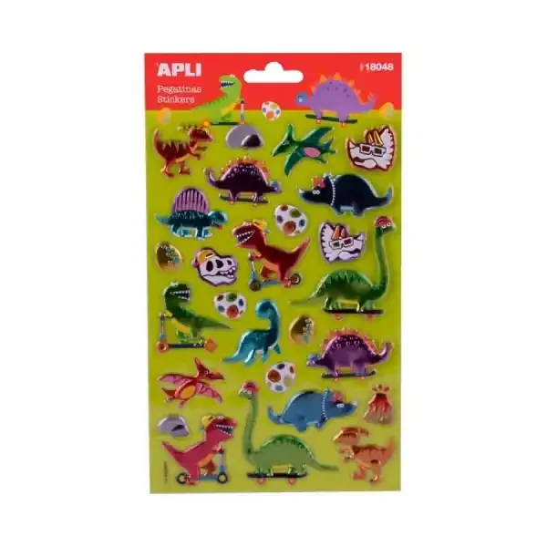 Apli Bolsa de Pegatinas de Dinosaurios – Acabado Metalizado – Adhesivo Permanente – Ideal para Scrapbooking y Decoracion – Fomenta Creatividad y Psicomotricidad Infantil