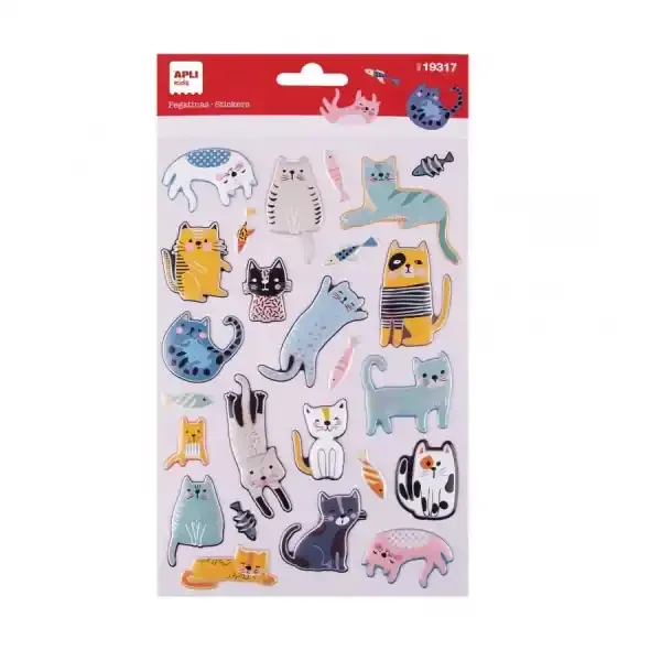 Apli Bolsa de Pegatinas de Gatos – Relieve y Detalles Metalizados – Adhesivo Permanente – Ideal para Scrapbooking y Decoracion – Estimula Creatividad y Psicomotricidad Fina