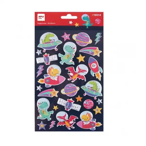 Apli Bolsa de Pegatinas Dinosaurios en el Espacio – Relieve y Detalles Metalizados – Adhesivo Permanente – Estimula Creatividad y Psicomotricidad Fina