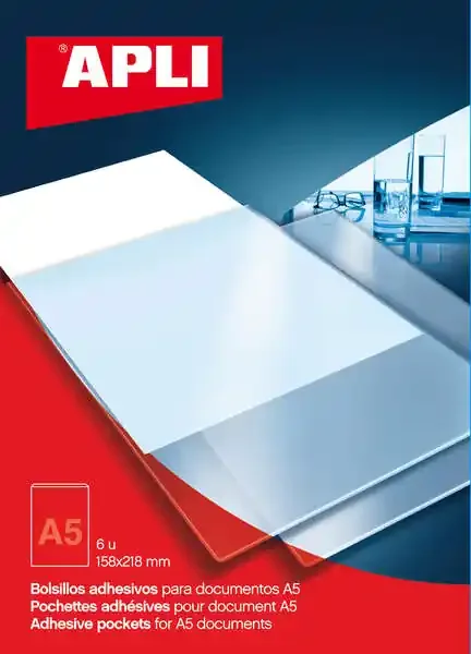 Apli Bolsillos Adhesivos A5 – Bolsillo Adicional para Documentos e Imagenes – 6 Unidades por Bolsa