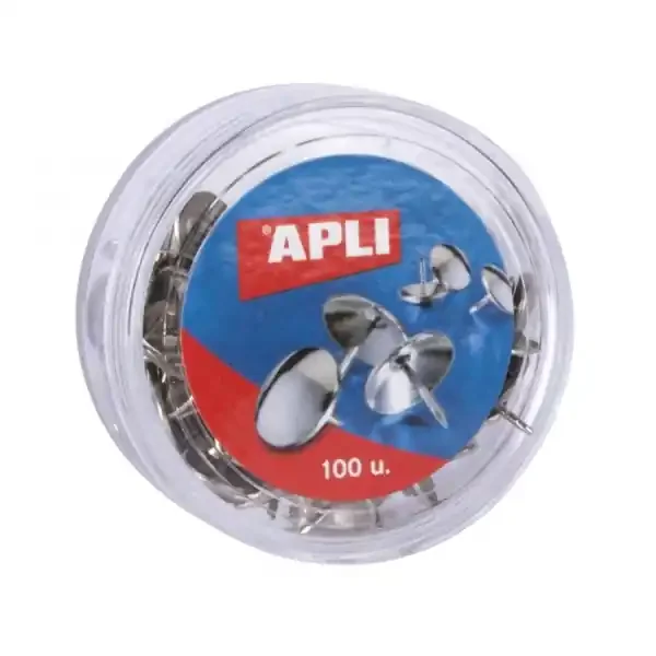 Apli Caja de 100 Chinchetas Niqueladas Ø 10mm – Cabeza Redondeada – Puntas Afiladas – Ideal para Corcho, Paredes, Tapicerias y Madera – Color Plata