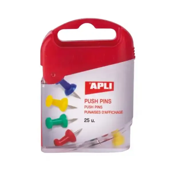 Apli Caja de 25 Agujas Push Pins – Cabeza Plastica – Punta Metalica – Ideal para Mapas, Corcho, Madera y Manualidades – Colores Surtidos