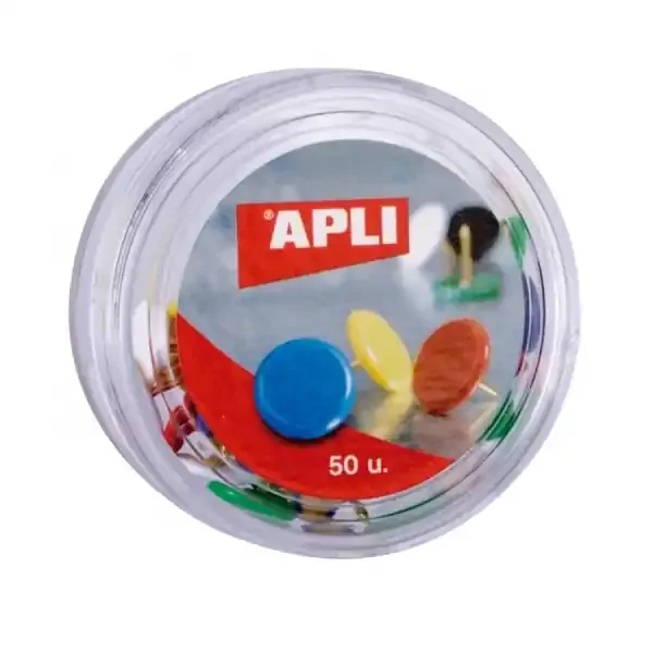 Apli Caja de 50 Chinchetas Niqueladas con Cabezal de Plastico – Cabeza Redondeada – Puntas Afiladas – Colores Surtidos