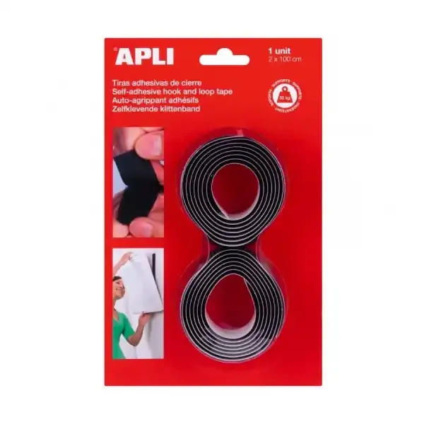 Apli Cinta Adhesiva Gancho Bucle – Union Segura – Reutilizable – Resistencia 10 kg – Adhesivo Acrilico de Alta Calidad – Alternativa a Taladros y Clavos – Color Negro