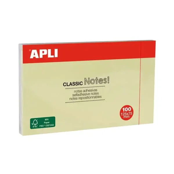 Apli Classic Bloc de 100 Notas Adhesivas 125 x 75 mm – Color Amarillo