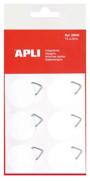 Apli Colgadores Autoadhesivos Redondos – Ø 30mm – Triangulo Metalico de Soporte – Base Adhesiva Blanca – 12 Unidades por Bolsa – Gran Resistencia – Ideal para Fotos, Calendarios y Posteres – Color Blanco (10 uds)