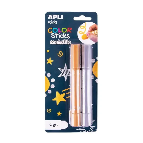 Apli Color Sticks Temperas Solidas – Pack 2 Unidades de 6g en Colores Metalizados – No Manchan, Acabado Satinado, Secado Rapido – Efecto Cera o Tempera Segun Presion – Flexible y sin Disolventes