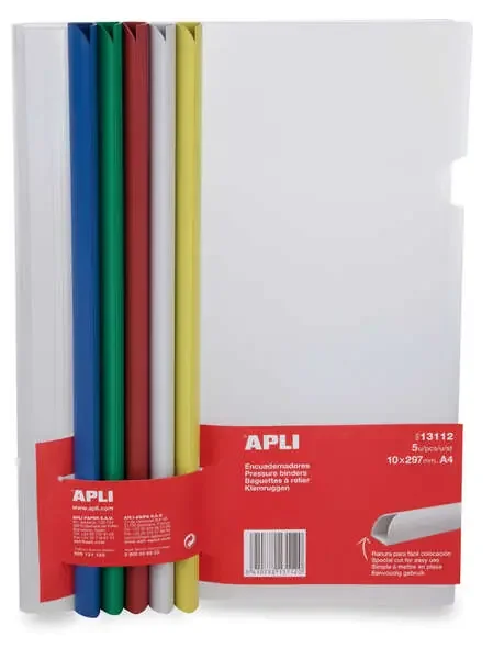 Apli Encuadernadores Deslizantes en Colores Surtidos 10x297mm con Funda Transparente – Ranura para Facil Insercion de Hojas – Pack de 5 con Capacidad de 100 Hojas