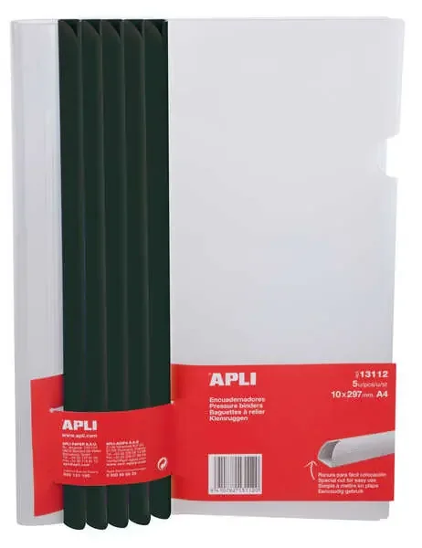 Apli Encuadernadores Deslizantes en Negro 10 x 297mm con Funda Transparente – Ranura para Facil Insercion de Hojas – Capacidad para 100 Hojas – Pack de 5