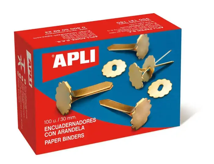 Apli Encuadernadores Metalicos con Arandela – 30mm – Incluyen Arandela para Embellecer y Evitar Rozaduras – Caja de 100 Unidades