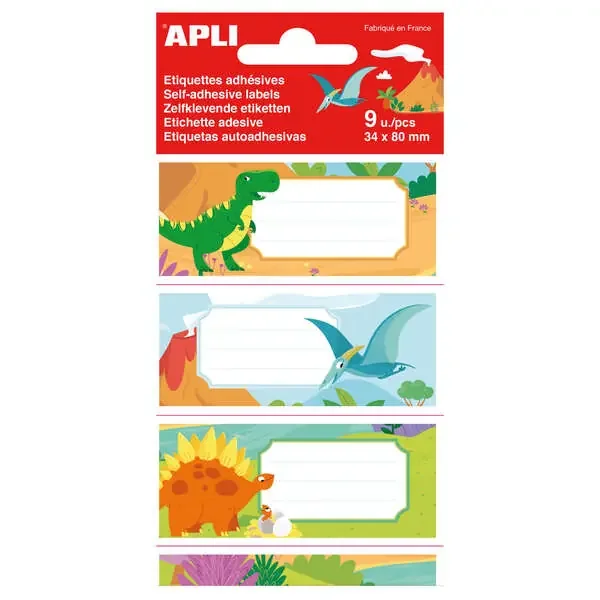 Apli Etiquetas Adhesivas Escolares Dinosaurios – Tamaño 81x36mm – 9 Etiquetas de Adhesivo Permanente de Alta Calidad – Ideal para Marcar e Identificar Libros, Cuadernos, Carpetas, Catalogos, Carpesanos, Agendas – Color Blanco (5 uds)
