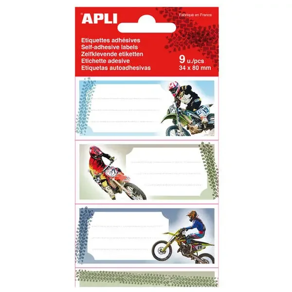 Apli Etiquetas Adhesivas Escolares Motos – Tamaño 81x36mm – 9 Etiquetas (3 por Diseño) – Adhesivo Permanente de Alta Calidad – Color Blanco (5 uds)