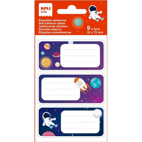 Apli Etiquetas Adhesivas Escolares Planetas – Tamaño 81x36mm – 9 Etiquetas en 3 Hojas – Adhesivo Permanente de Alta Calidad – Diseño Planetas – Color Blanco (5 uds)