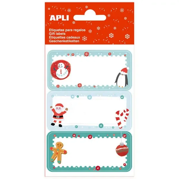 Apli Etiquetas Adhesivas Galleta de Jengibre – 3 Hojas de 9 Etiquetas Rectangulares con Cantos Redondeados – 3 Diseños Distintos – Adhesivo Permanente de Alta Calidad – Tematica Navideña (5 uds)