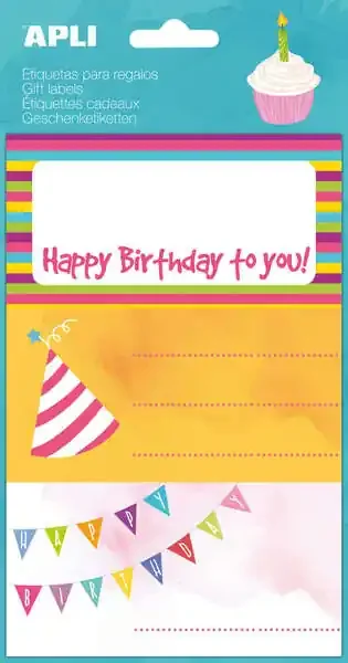 Apli Etiquetas Adhesivas Happy Birthday – Tamaño 76x39mm – 9 Etiquetas en 3 Hojas – Adhesivo Permanente de Alta Calidad – Ideal para Marcar e Identificar Regalos – Diseño Alegre y Colorido (10 uds)