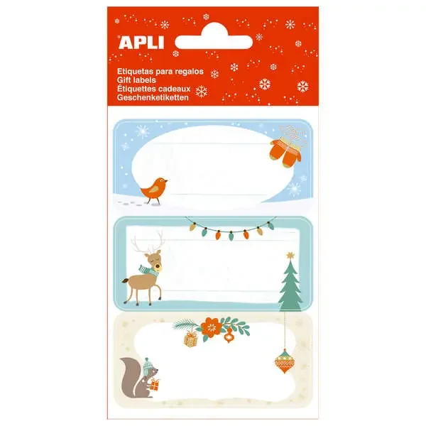 Apli Etiquetas Adhesivas Navideñas Ardilla – 3 Hojas de 9 Etiquetas Rectangulares con Cantos Redondeados – 3 Diseños Distintos – Adhesivo Permanente de Alta Calidad – Tematica Navideña (5 uds)