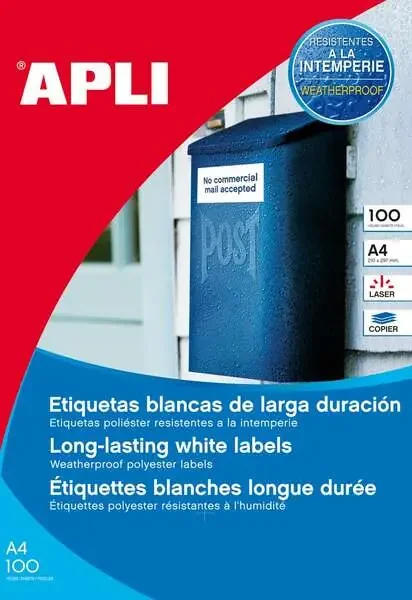 Apli Etiquetas Blancas Resistentes Intemperie 210 x 297 mm – 100 Hojas