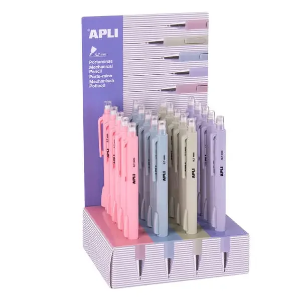 Apli Expositor de 20 Portaminas con Goma 0,7mm – Cuerpo de Colores Pastel Surtidos
