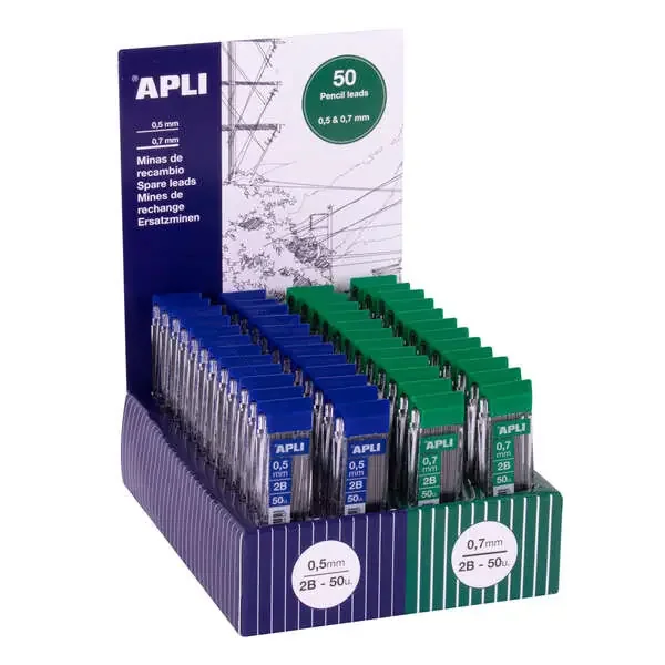Apli Expositor de 48 Estuches de 50 Minas para Portaminas – Dureza 2B – 24 Estuches de 0,5mm y 24 Estuches de 0,7mm