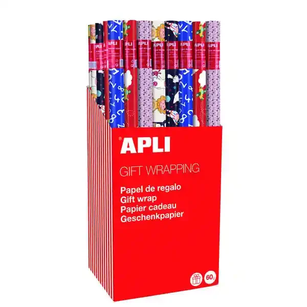 Apli Expositor de 55 Rollos de Papel Regalo Infantil – 11 Rollos por Color – Medidas del Rollo 0.70x2m – 5 Diseños