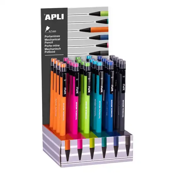 Apli Expositor de Carton de Portaminas – 0.7mm – Textura Soft – Colores Fluor Surtidos – Capuchon con Tapon Transparente y Goma de Borrar Del Mismo Color