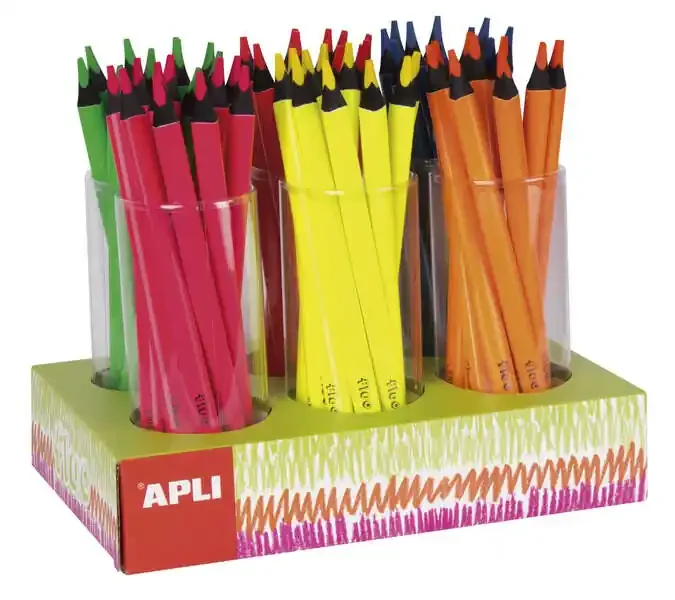 Apli Expositor Jumbo Fluor de Lapices – 5mm de Grosor Triangular – 108 Lapices en 6 Colores Fluorescentes – Recambios Disponibles