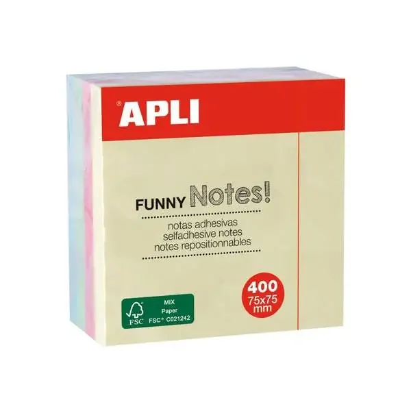 Apli Funny Cubo de 400 Notas Adhesivas 75 x 75 mm – Colores Pastel Surtidos