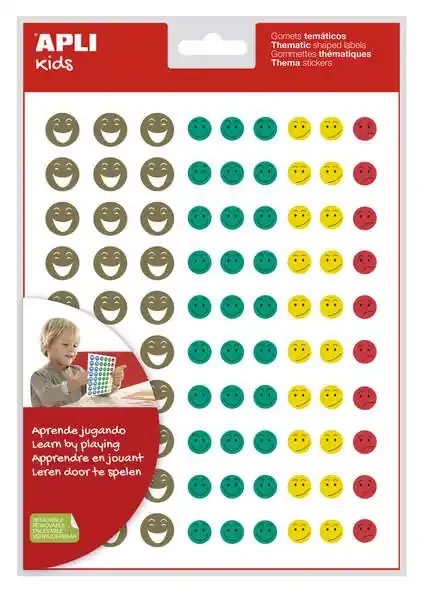 Apli Gomets Cara Feliz Mini – 4 Estilos de Cara Diferentes – 1080 Gomets por Bolsa – Adhesivo Removible – Motiva y Premia a los Niños – Normas de Calidad y Seguridad Cumplidas – Colorido (5 uds)