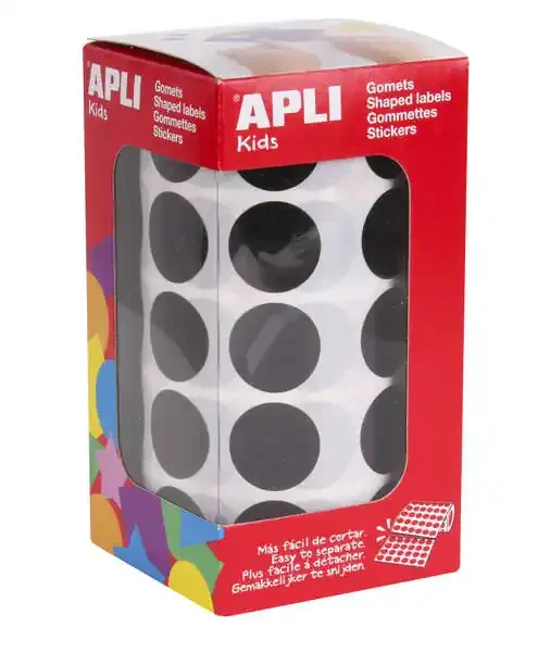 Apli Gomets Redondos Ø 20mm en Negro con Adhesivo Permanente – 59 Hojas Pretroqueladas – 1770 Gomets por Rollo – Desarrolla la Psicomotricidad Fina y Habilidades Educativas