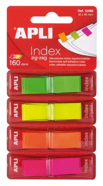Apli Indices Adhesivos Film Zigzag 45x12mm 4 Dispensadores de 40 Indices – Faciles de Aplicar – Resistentes – Removibles – Colores Fluorescentes – Multicolor