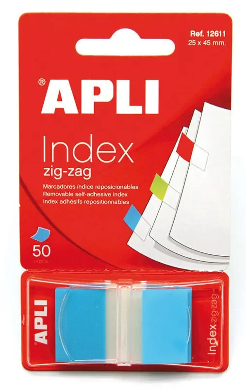Apli Indices Adhesivos Film Zigzag 45x25mm Dispensador de 50 – Faciles de Aplicar – Diseño Zigzag – Adhesivo de Calidad – Azul