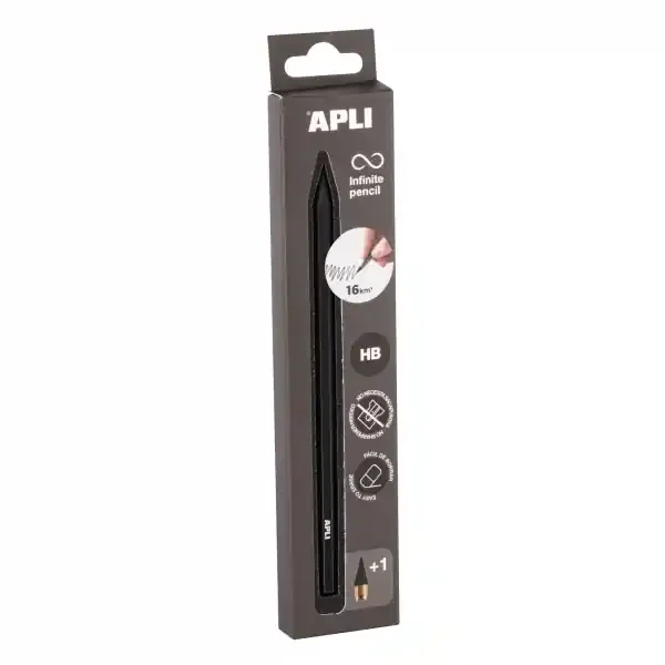Apli Infinite Pencil Pack de Lapiz Infinito HB + Mina de Recambio + Tapon Protector – Para Escribir hasta 16km – Color Negro