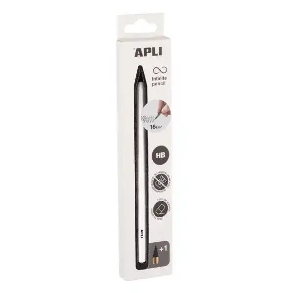 Apli Infinite Pencil Pack de Lapiz Infinito HB + Mina de Recambio + Tapon Protector – Para Escribir hasta 16km – Color Blanco