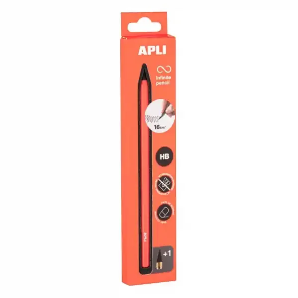 Apli Infinite Pencil Pack de Lapiz Infinito HB + Mina de Recambio + Tapon Protector – Para Escribir hasta 16km – Color Naranja Fluo