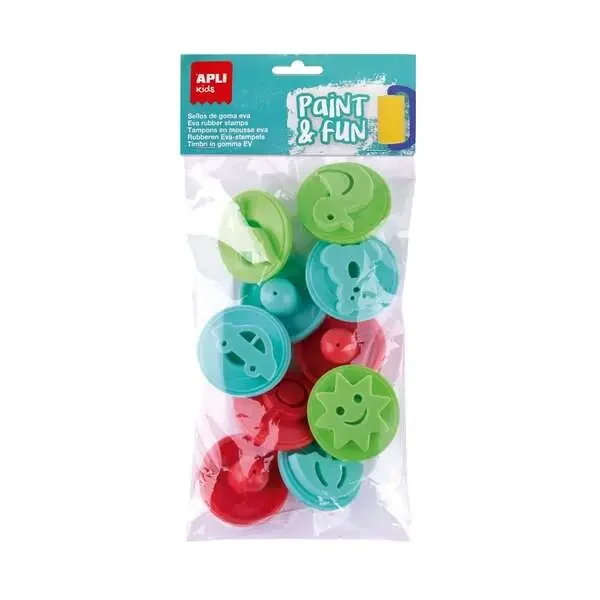 Apli Kids Paint & Fun Pack de 10 Sellos de Goma EVA para Estampacion – Con Mango de Plastico – Formas y Colores Surtidos