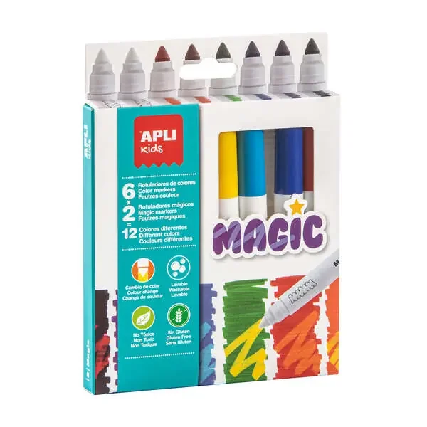 Apli Kids Rotuladores Magic – Ø 14.4×137 mm – Cambio de Color con 2 Blancos – Cuerpo Cilindrico y Punta Redonda Bloqueada de Ø 7.5 mm – Tinta de Larga Duracion