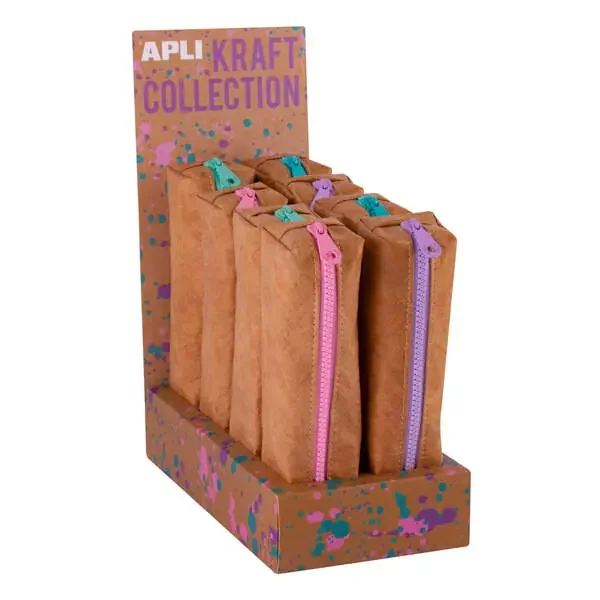 Apli Kraft Collection – Expositor Compacto de 8 Estuches – Estuches de 50x50x210mm – Textura Kraft y Cremallera de Colores Pastel – Flexibles y Resistentes – Cremallera Esmaltada y Resistentes al Agua (8 uds)