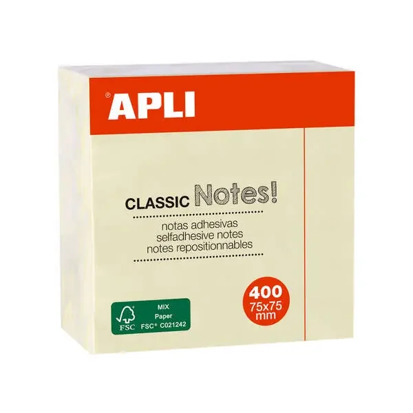 Apli Notas Adhesivas Classic 75x75mm – Cubo de 400 Hojas – Adhesivo de Calidad – Facil de Despegar – Amarillo