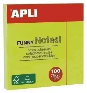 APLI NOTAS ADHESIVAS FUNNY 75X75MM – BLOC DE 100 HOJAS – ADHESIVO DE CALIDAD – FACIL DE DESPEGAR – COLOR VERDE FLUORESCENTE