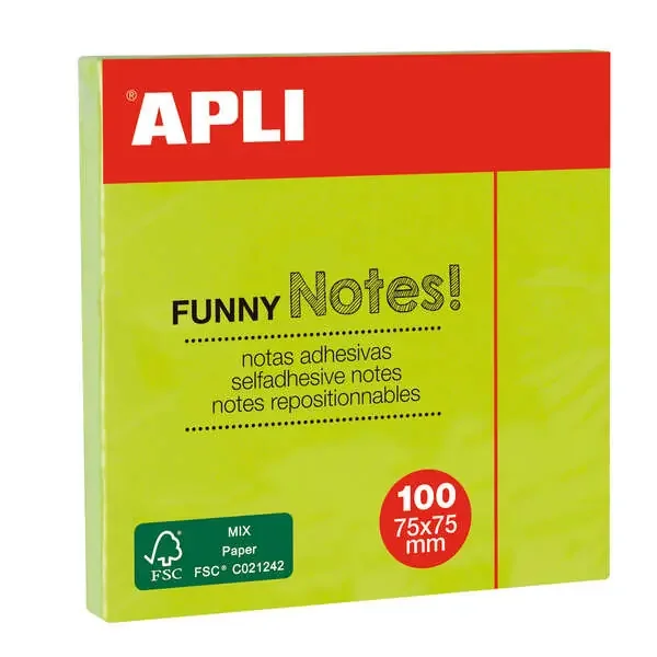 Apli Notas Adhesivas Funny 75x75mm – Bloc de 100 Hojas – Adhesivo de Calidad – Facil de Despegar – Color Verde Fluorescente