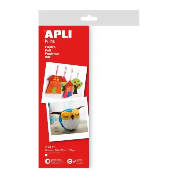 Apli Pack de 10 Hojas de Fieltro A4 – 40% Lana Natural – Grosor 250gr – Resistente y Suave – Facil de Marcar, Cortar y Pegar – Color Blanco