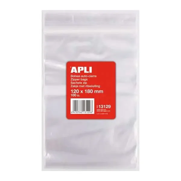 Apli Pack de 100 Bolsas de Auto Cierre 120 x 180 mm – Cierre Seguro – Aptas para Alimentos