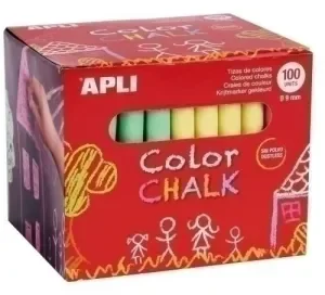 APLI PACK DE 100 TIZAS REDONDAS DE COLORES SURTIDOS Ã 9 X 80MM – SIN POLVO – IDEALES PARA ESCRIBIR, DIBUJAR Y COLOREAR EN PIZARRAS Y PAVIMENTOS – APTAS PARA USO ESCOLAR
