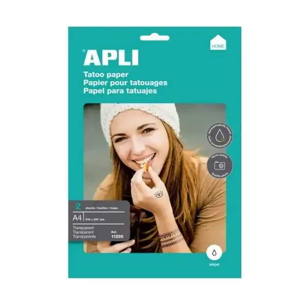 Apli Pack de 2 Hojas de Papel para Crear Tatuajes – Imprimible en Inkjet – Versatil para Piel y Objetos – Facil de Borrar – Dermatologicamente Testado