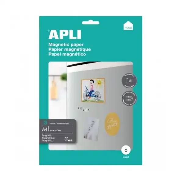 Apli Pack de 3 Hojas de Papel Magnetico A4 – 650gr – Apto para Impresoras Inkjet – Facil de Usar – Ideal para Imagenes Personalizadas y Decoracion de Superficies Metalicas