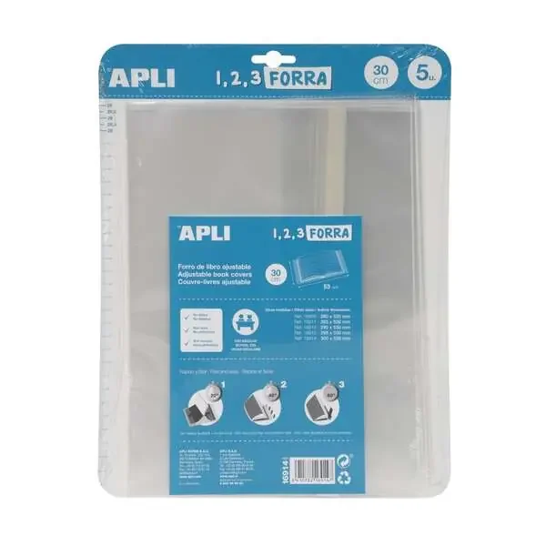 Apli Pack de 5 Forros de Libro con Solapa Ajustable 300 mm – PP – Forra en 3 Pasos