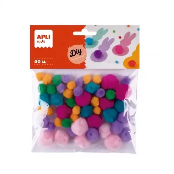 Apli Pack de 50 Pompones de Tacto Suave – Ideal para Manualidades Infantiles – Estimula la Creatividad – Colores Surtidos