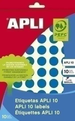 APLI PACK DE 616 ETIQUETAS REDONDAS Ã13MM – 8 HOJAS POR 77 ETIQUETAS – ADHESIVO PERMANENTE – APTAS PARA ESCRITURA MANUAL – COLOR AZUL