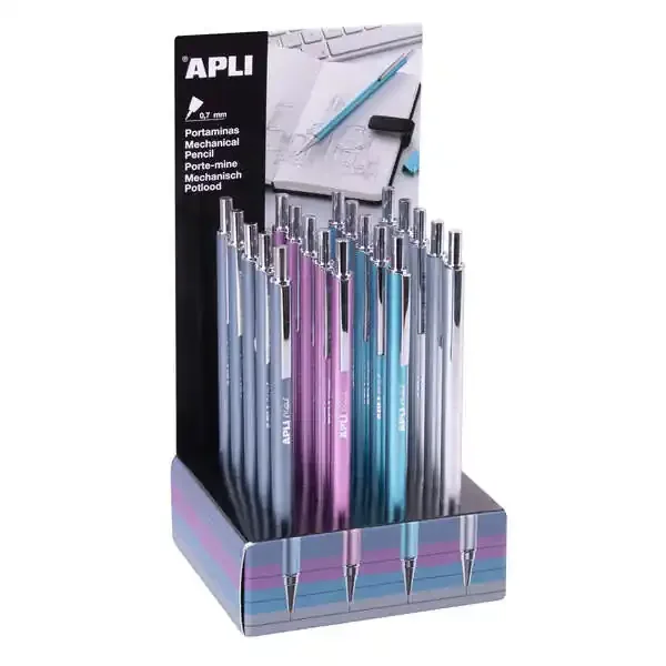 Apli Portaminas Colores Metalicos – 0.7mm – Textura Soft – Capuchon y Goma de Borrar de Metal – 20 Unidades en Expositor